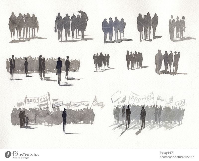 Abstract human silhouettes with drop shadows painted in watercolor Watercolors Silhouette people group Demonstration protest banner Society Many hobby