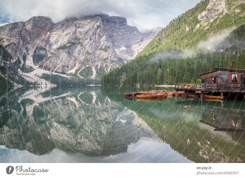 favourite place Prags Wildsee Lake reflection mountains Mountain Hut Boathouse boats mountain lake Italy Dolomites Alps Rock Clouds Still Life tranquillity