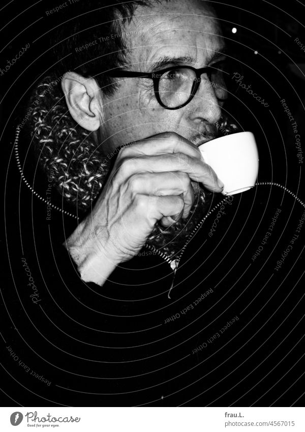 Café in winter Scarf Winter Sit Cold Eyeglasses Man Bistro Espresso Bakery shop Cup Drinking Coffee cup To have a coffee pandemic