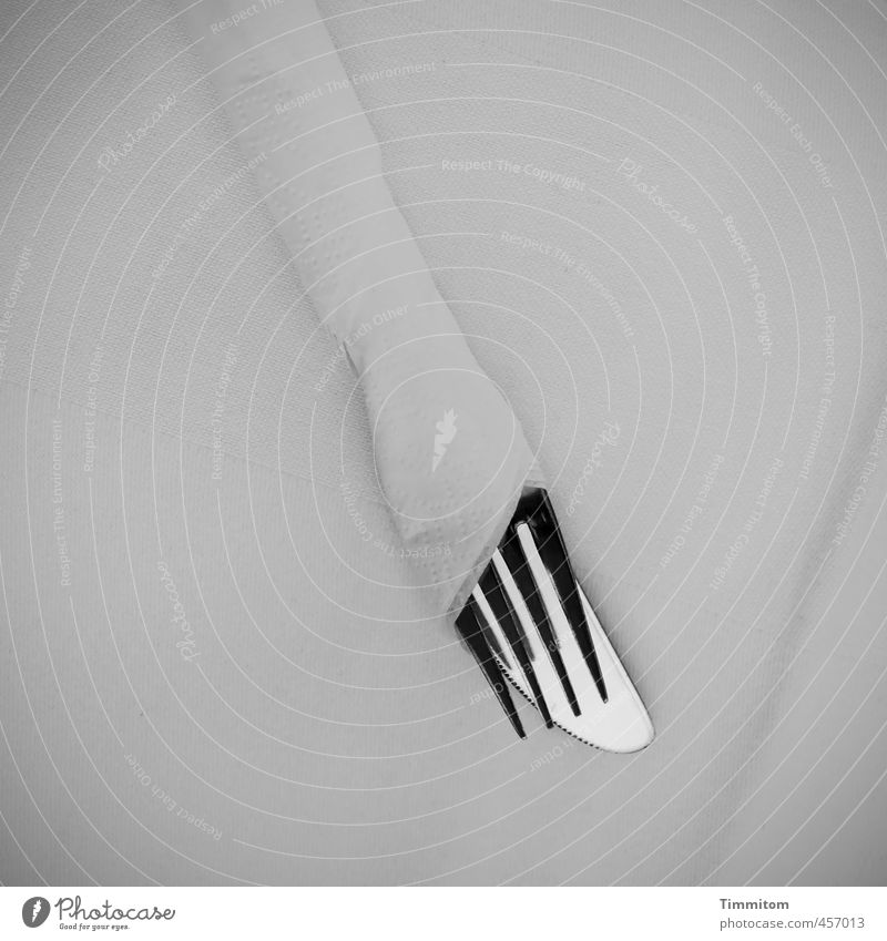 Meal! Nutrition Cutlery Knives Fork Metal Simple Gray Black White Emotions paper napkin Tablecloth Wrinkles Glittering Wait Black & white photo Interior shot