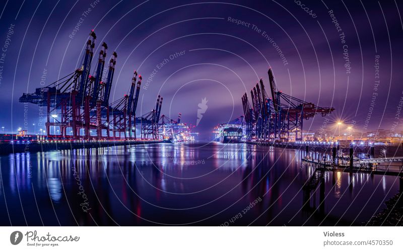 Hamburg harbour by night Harbour terminal burchardkai Container ship crane Long exposure clearer loading Dark Night Navigation reflection Clouds Erase Unload