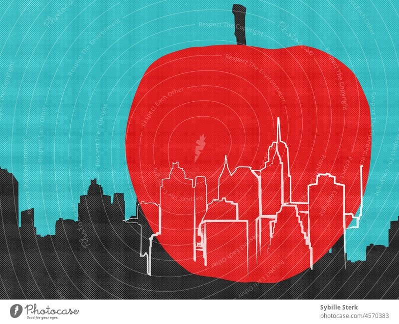 New York, Big Apple, Manhattan the big apple skyline Manhattan skyline city USA screen print minimal minimalistic
