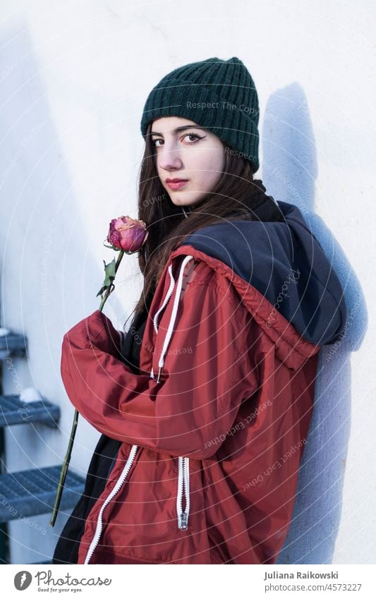 Cool girl with rose - fashion photography Cap Woman Face Winter Feminine Cold 1 18 - 30 years Adults Human being Youth (Young adults) Young woman Colour photo