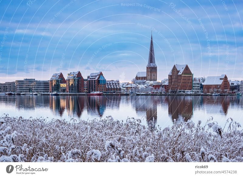 View over the Warnow to the Hanseatic city of Rostock in winter Warnov River city harbour Winter Snow Building Town Mecklenburg-Western Pomerania Architecture