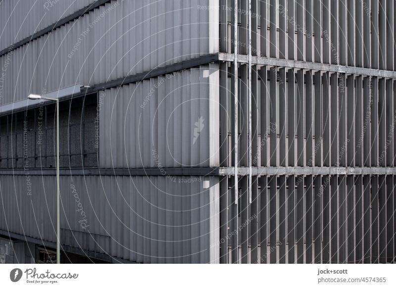 Lamella facade from 1969 Shopping center Modern architecture Building Design Gray Structures and shapes Facade Symmetry architectural photography Corner