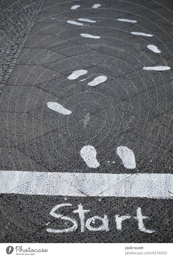 Start | Footsteps walk on the sidewalk shoe print Street art Imprint launch Word Tracks Deserted Footpath Signs and labeling Sidewalk Pedestrian Ground markings