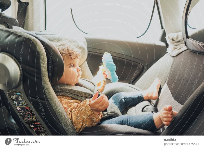 Toddler inside a car sit in her baby safety seat toddler security trip travel vacation holidays secure risk vehicle family love care drive driving indoors belt