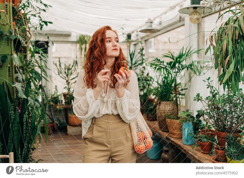 Red haired woman with tangerines in indoor garden string bag houseplant cultivate foliage grow reuse at home female hobby eco friendly long hair fresh wavy hair