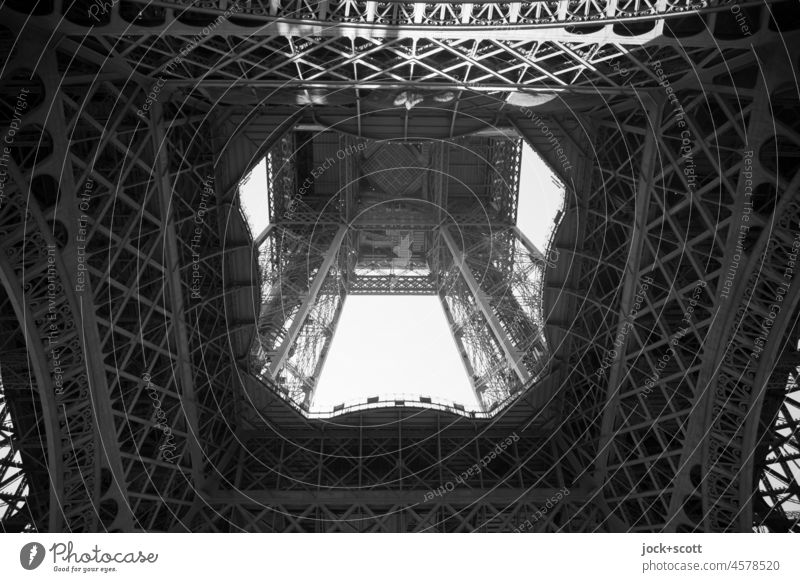 the Eiffel Tower seen from below eiffel tower Architecture Paris Monochrome France Landmark Tourist Attraction Manmade structures Worm's-eye view Construction