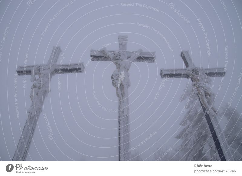 Crucifixion group on the summit of Kreuzberg "Three Golgotha Crosses" in dense fog and frost Fog Calm Misty atmosphere Exterior shot Deserted Colour photo