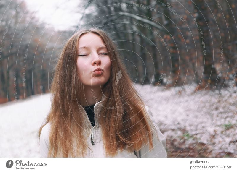 Kiss me! | portrait of long haired teen girl outside in snowy park Girl Young woman 13 - 18 years 16 16 years long hairs kiss Pout kiss me In love