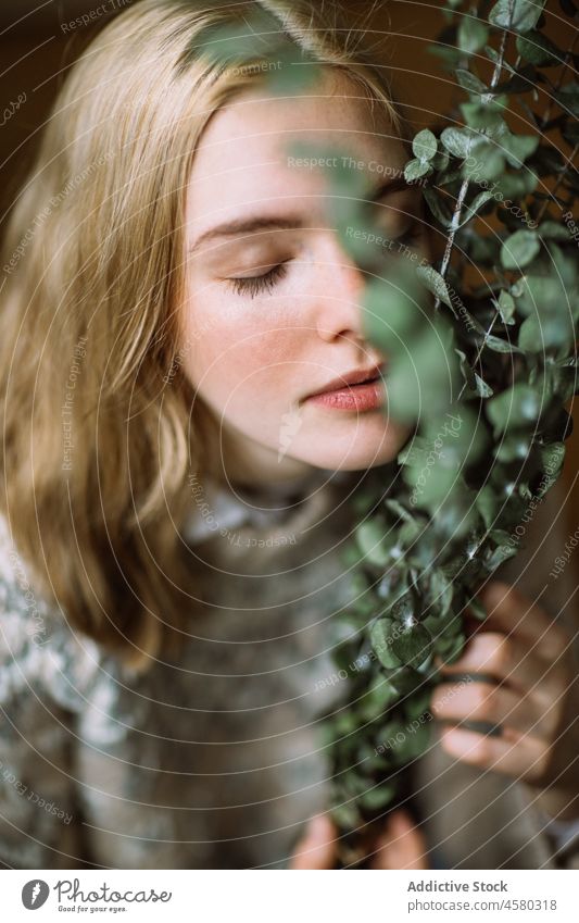 Young female with green eucalyptus twigs at face woman knitted sweater fresh plant portrait branch blond gentle calm delicate harmony organic touch leaf hand