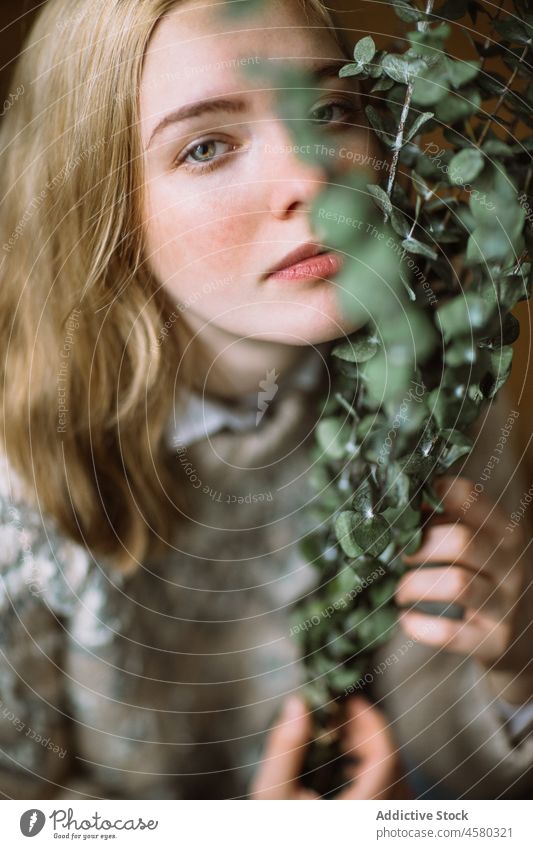 Young female with green eucalyptus twigs at face woman knitted sweater fresh plant portrait branch blond gentle calm delicate harmony organic touch leaf hand