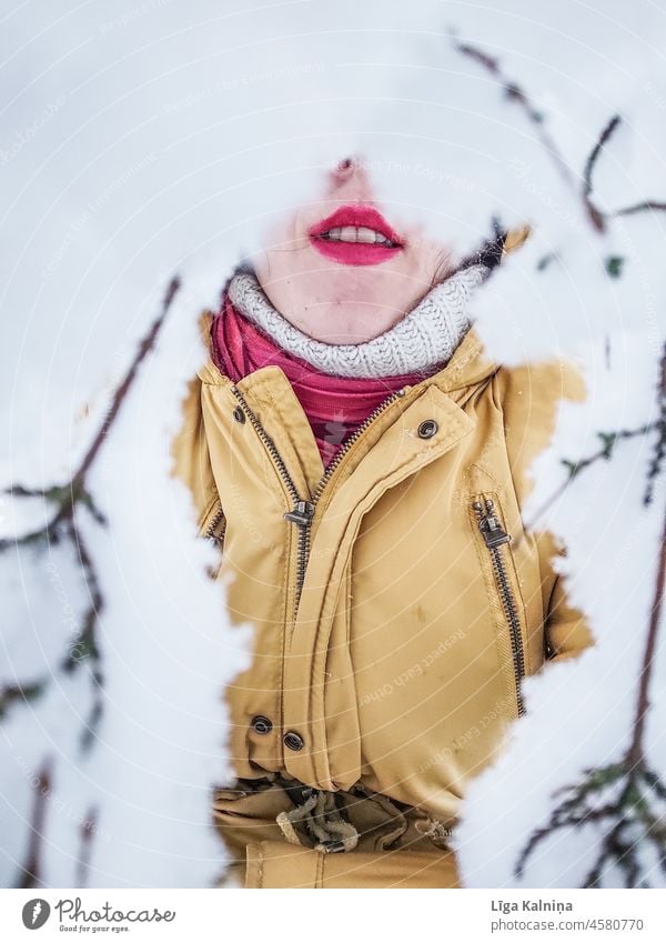 Painted lips framed by snow Lips Mouth red lips Lipstick Feminine Cosmetics Make-up Woman Red Colour photo Skin Snow Winter Cold Human being Detail Face Adults