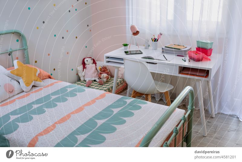 Girl's bedroom decorated in pastel colors girls bedroom desk decoration nobody mint green pink polka dots interior furniture design modern home contemporary