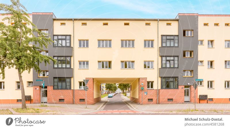 Passage of a typical Bauhaus apartment block in pastel tones Summer Build Branch Red Tree Geometry settlement Magdeburg Architecture modern minimal Colour shape