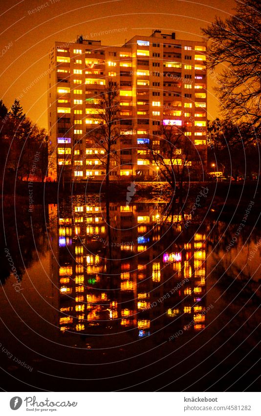 house on the lake High-rise Night Town Lighting Building Evening reflection Water Water reflection clearer Berlin