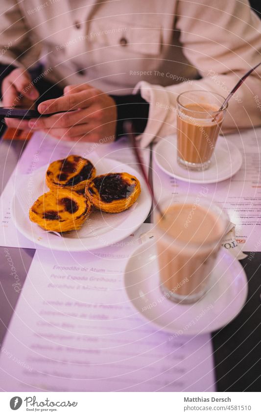 Coffee break in Lisbon Café au lait To have a coffee pastéis de nata Hot drink To enjoy Beverage Drinking Coffee table Break