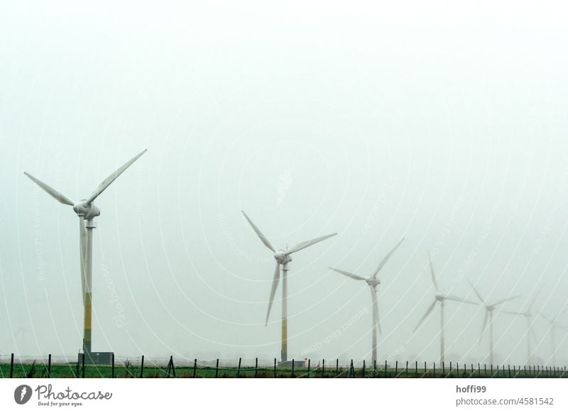 Windmills in the fog Wind energy plant Fog foggy Energy industry Gray Pinwheel Rotor energy revolution Renewable Climate change Generator Sustainability