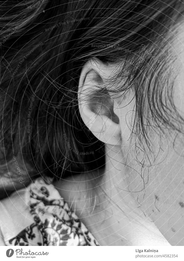 Cropped ear Ear Outer ear Hair and hairstyles Ear lobe Feminine Listening Detail Head Human being Skin Close-up