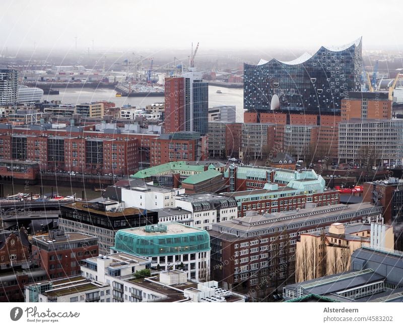View of the Elbphilharmonie seen from the Michel with Speicherstadt and harbour area Hamburg Harbour Elbe Philharmonic Hall Town elphi storehouse city Brick