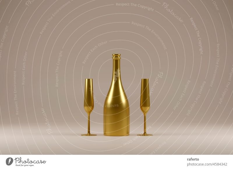 Golden champagne bottle next to golden glasses. 3d render baubles birthday composition drop event festive luxury party realistic rendering romantic trend
