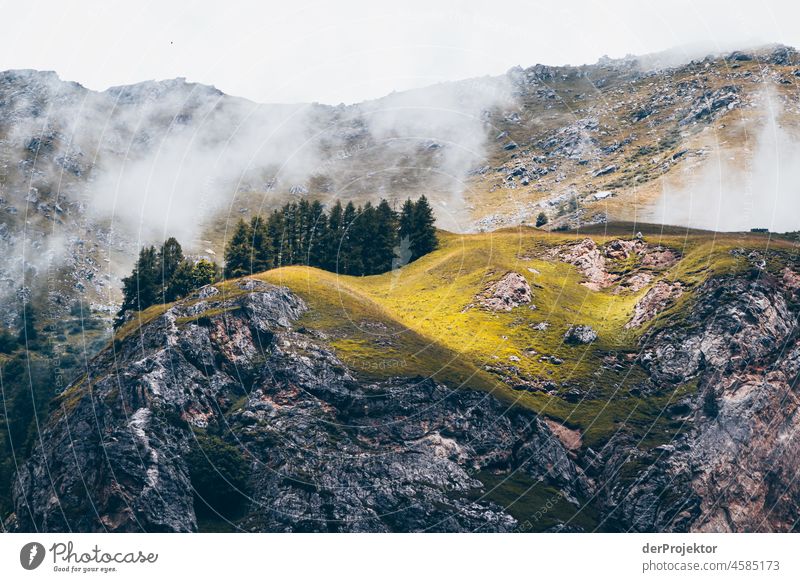 Hike Vanoise National Park: View of mountain in fog Central perspective Deep depth of field Contrast Shadow Light Day Deserted Exterior shot Multicoloured