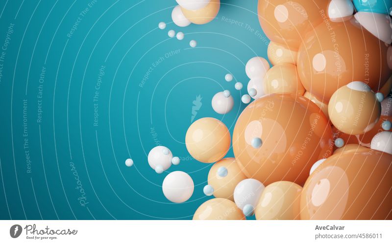 Floating suspended orange white balls in blue background.3D render glossy spheres.Pastel colours pantone. Abstract background. Science physics nano rendering balls modern art pop.Copy space space