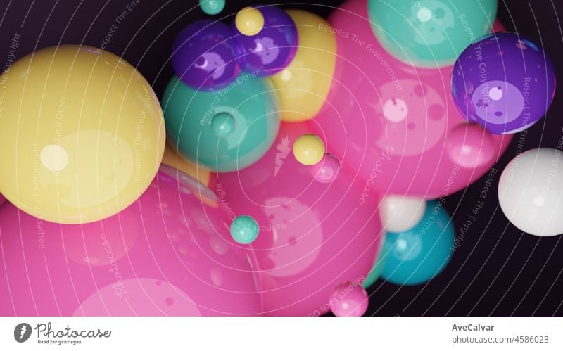 Floating suspended all colours balls in dark background.3D render glossy spheres.Pastel colours pantone. Abstract background. Science physics nano rendering balls modern art pop.Copy space space