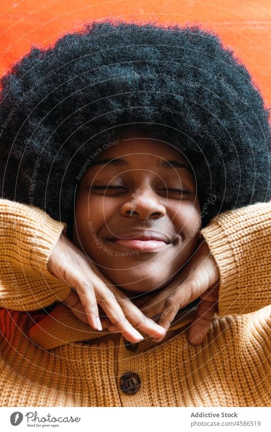 Black woman with her hands resting on her face looking at camera smile portrait cheerful afro appearance funny female black african american curly hair young