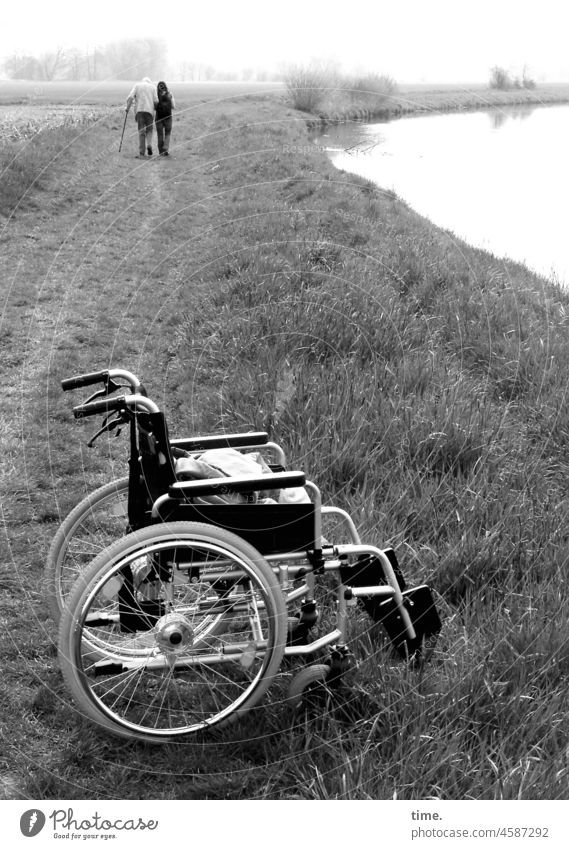 again without Wheelchair River To go for a walk Senior citizen Help Support Meadow Horizon Going Stick aids Solidarity two