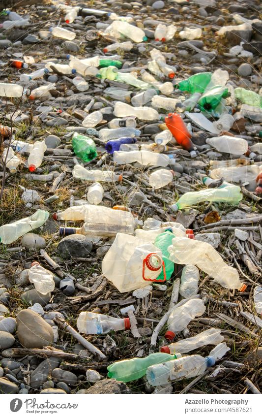 Plastic bottles on a river bank. area background beach business charge concept conceptual deserted destruction disaster ecological ecology editorial environment