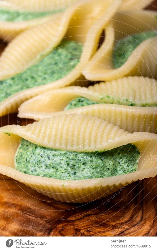 Italian conchiglino pasta stuffed with spinach Conchiglino Conchiglione Spinach Cream filled boil sauce Ricotta Appetizer Portion nobody Kitchen salubriously