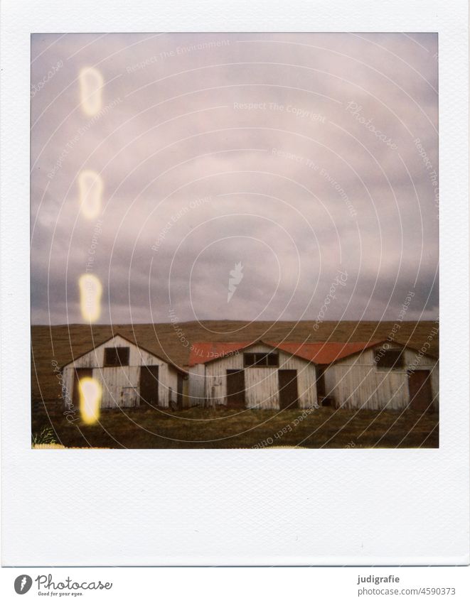 Polaroid of an Icelandic house House (Residential Structure) Building Hut Living or residing dwell Flake Barn Loneliness Nature Landscape Sky Meadow Moody door
