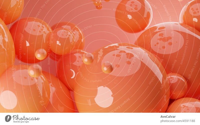 Orange and red palette abstract 3D render of dynamic abstract glossy spheres background for mockups,flat lay designs and templates with copy space for text.Dynamic wallpaper with balls or particles