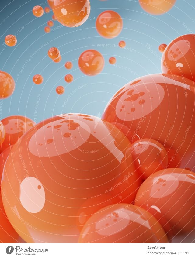 Orange and blue palette abstract 3D render of dynamic abstract glossy spheres background for mockups,flat lay designs and templates with copy space for text.Dynamic wallpaper with balls or particles