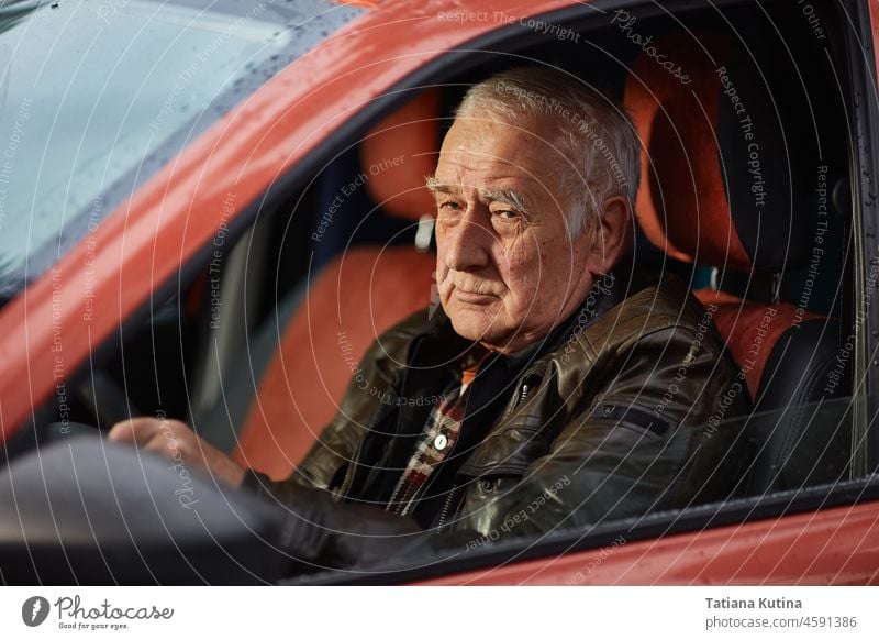 pensioner with gray hair and wrinkles is driving a car. old senior driver transport vehicle man person cheerful road retirement male happy auto automobile