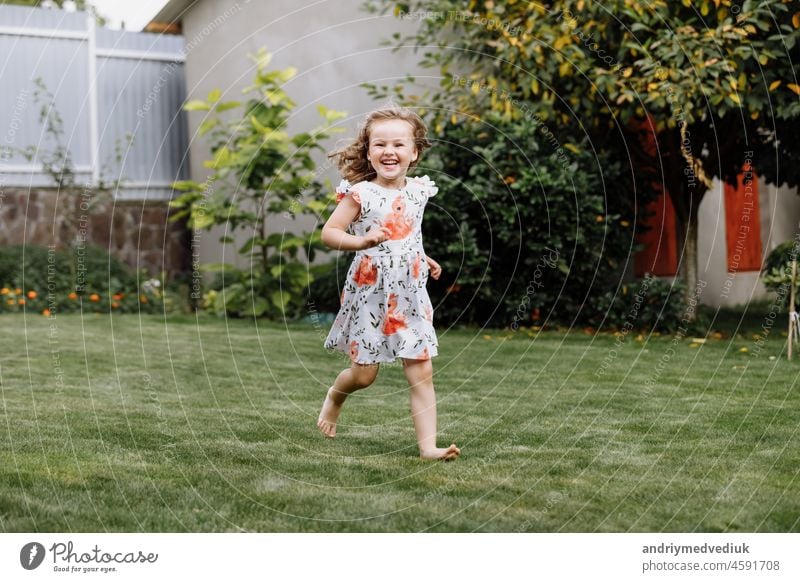 Little happy girl having fun in green summer park. happy chuldhood beautiful child childhood cute nature spring grass young happiness joy little family outdoor