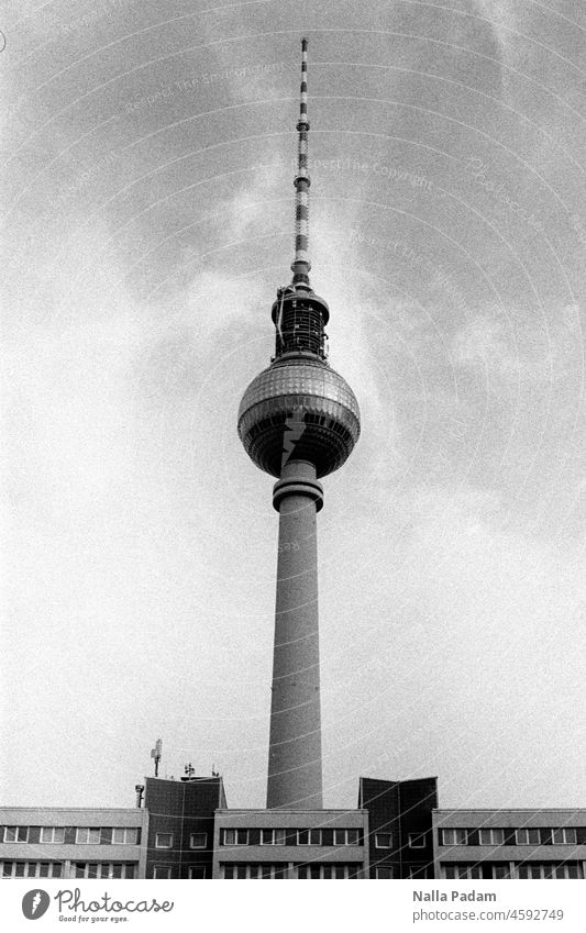 television tower Analog Analogue photo B/W Black & white photo Building Architecture Television tower GDR Sphere Point shank Window