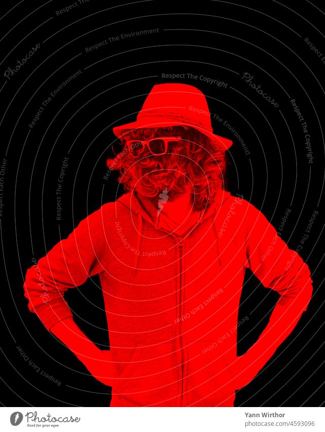 Man in red with sunglasses, hat and long hair on face on black background Red Silhouette Black Dark Sunglasses Hat Masculine portrait black red reddish black