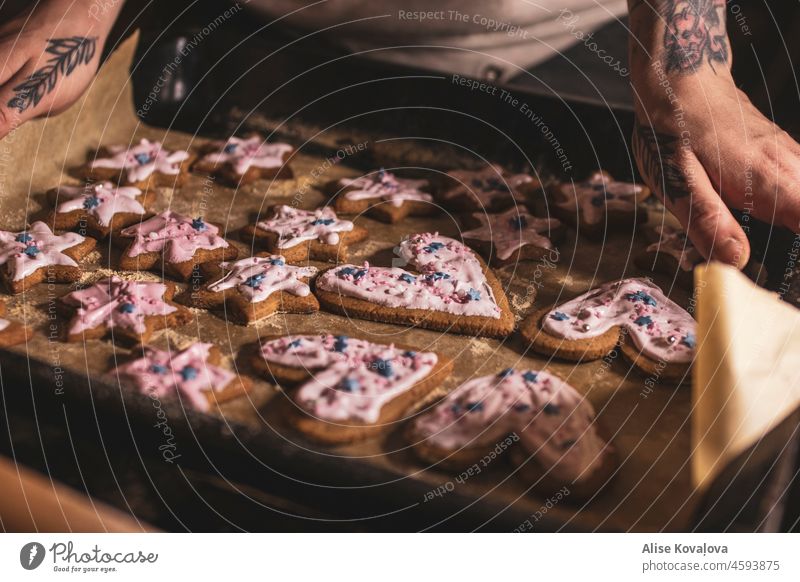 homemade cookies with icing pink icing edible bake in a pan food dough Christmas & Advent Christmas biscuit table cut out cookies cookie dough Cookie Baking