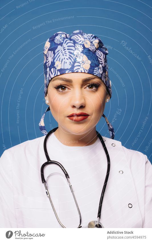 Female doctor in white uniform with stethoscope woman professional robe medical physician specialist health care work portrait occupation job female