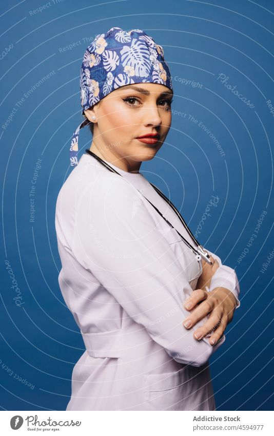 Female doctor in white uniform with stethoscope woman professional robe medical physician specialist health care work portrait occupation job female