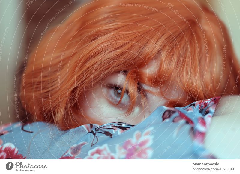 hidden smile orange haired Orange Wig Lean timid Hide Hiding place Timidity Hip & trendy differently Human being Looking Adults Colour photo portrait Feminine