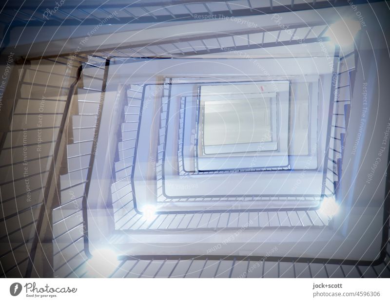 Double staircase Staircase (Hallway) Architecture rail Upward Double exposure Banister Structures and shapes Sharp-edged Silhouette Artificial light