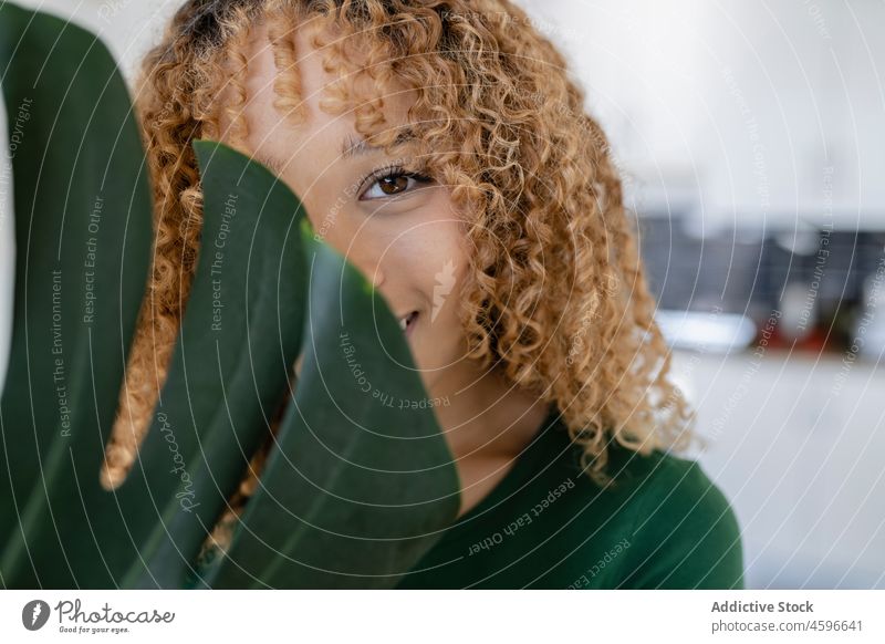 Smiling ethnic woman covering half of face with monstera leaf plant cover face smile green happy portrait model casual curly hair nature hide positive fresh