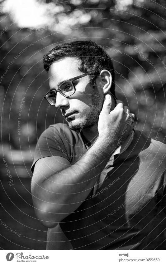 forest Masculine Young man Youth (Young adults) Face 1 Human being 18 - 30 years Adults Eyeglasses Beautiful Black & white photo Exterior shot Day Light Shadow