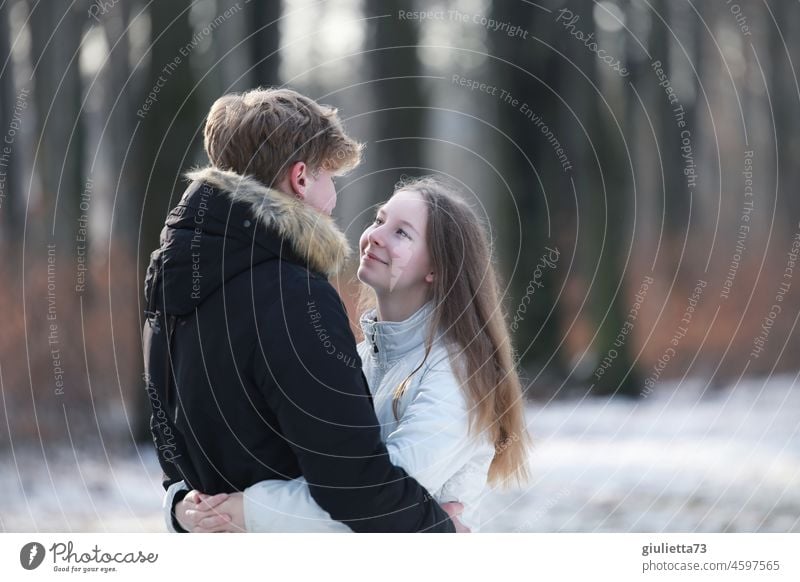First love | portrait of teen love, young couple looks into each other eyes in love teenager love Young woman Young man Boy (child) Girl Romance 18 - 30 years