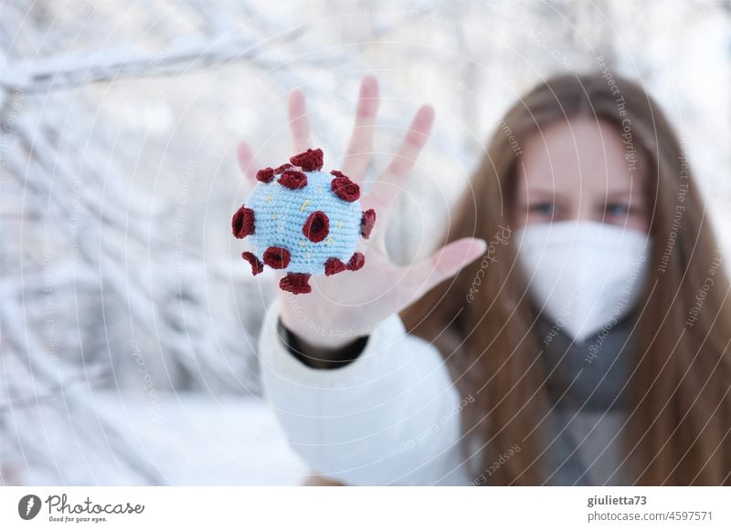 Woman with mask and outstretched hand stops corona virus! Real handmade, crocheted... ;) corona thoughts coronavirus Virus Corona virus pandemic COVID Mask