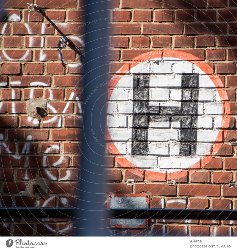 H like historical symbol sign Stop (public transport) street sign traffic signs signage Hold mark brick wall Brick building Circle red circle Red White Factory